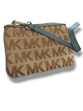 Michael Kors Brown Signature MK Wristlet with Blue Trim